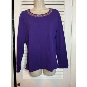 Coldwater Creek purple beaded neckline 100% cotton‎ knit top M Perfect Classy